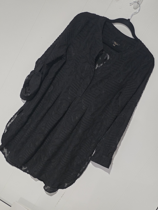 Cupio Tops - Cupio Black Sheer Textured Tunic Top, Long Sleeves With Buttons.
